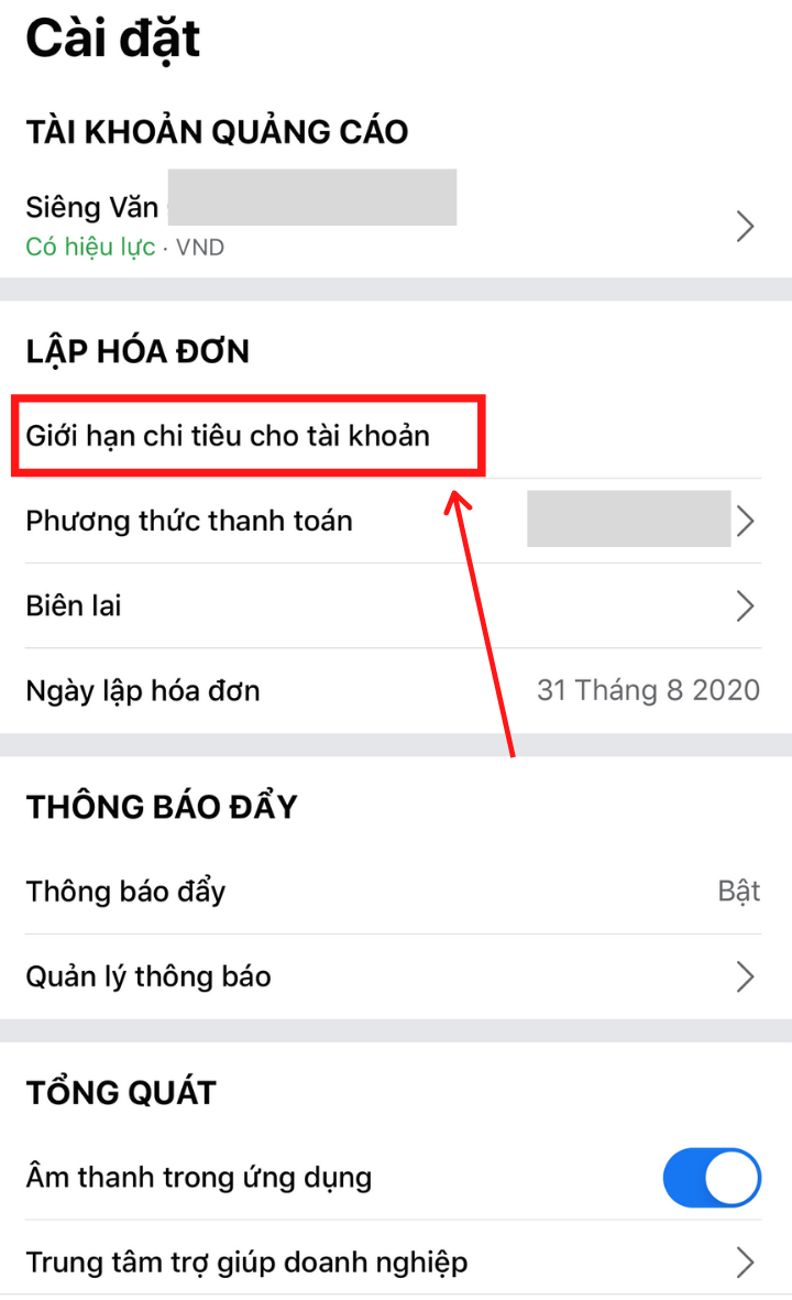 chọn “Giới hạn chi tiêu của tài khoản”