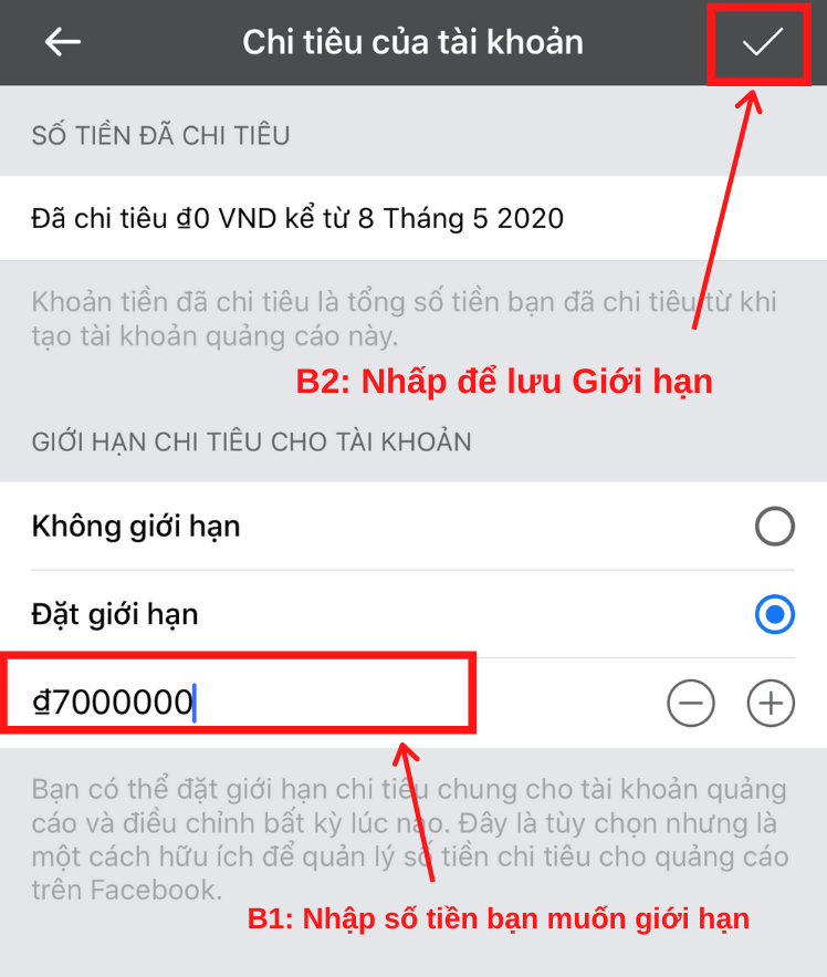 Nhập số tiền mới mà bạn muốn đặt làm giới hạn chi tiêu cho tài khoản quảng cáo