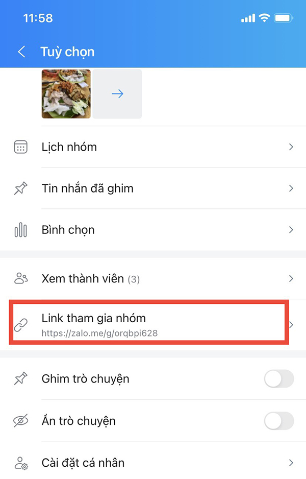 "Sao chép link tham gia nhóm"