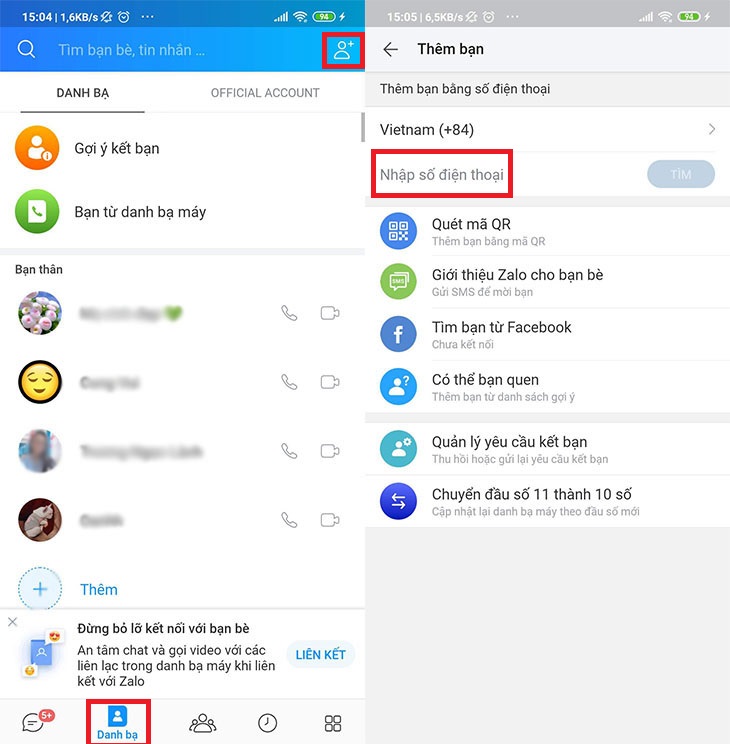 Truy cập danh bạ trên zalo
